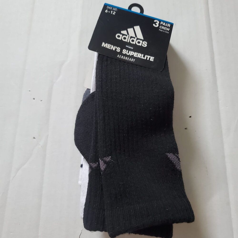 Adidas Crew Socks Mens Size 6-12 Black, Superlite Aeroready 3 Pairs msrp $14